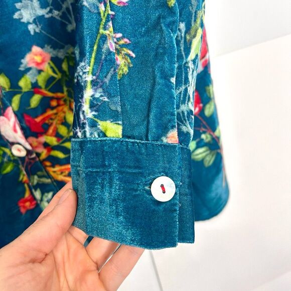 Soft Surroundings Velvet Floral Blouse Top Womens Medium Blue Button Down Shirt - Picture 2 of 15
